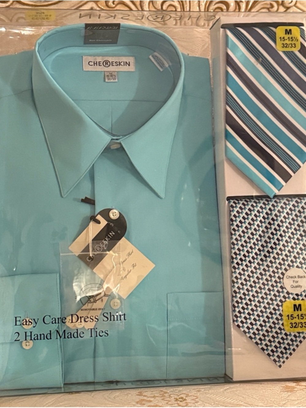 CHE@ESKIN Men's Aqua Dress Shirt with Two Coordinating Ties